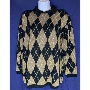 Vintage Alfred Dunner Argyle Sweater Large L Gold Black Metallic Made in USA